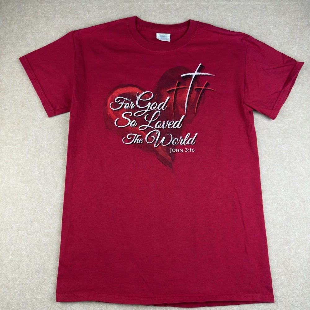 For God So Loved The World John 3:16 Red Christian T-Shirt Men's Small Jesus Tee